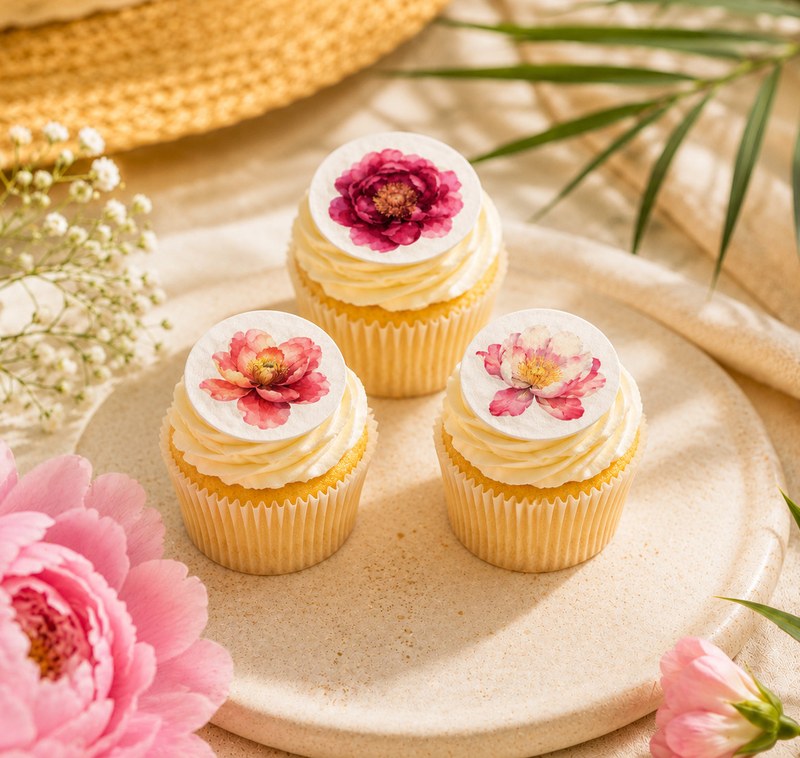 30x Peony Flower Edible Cupcake Toppers Wafer / Icing Cake Decorations