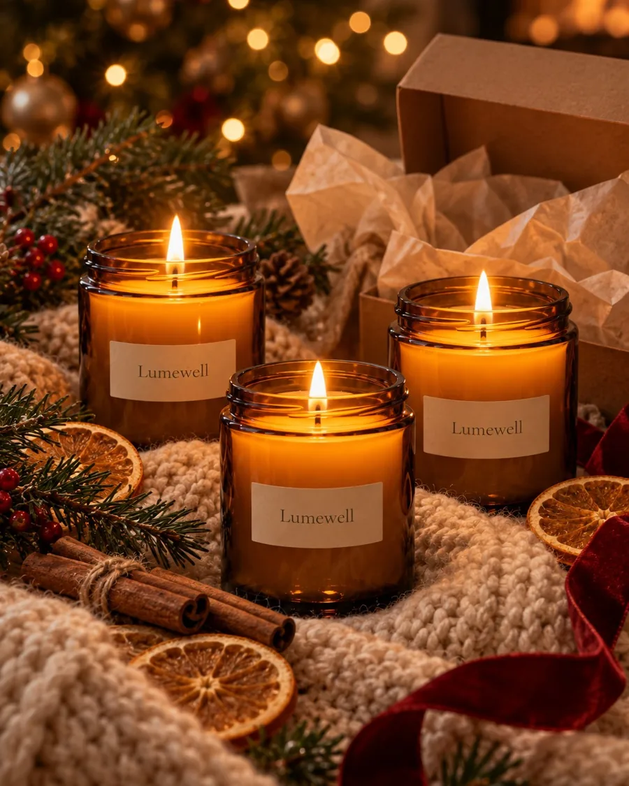 Three lit amber jar candles on a knitted throw with dried orange slices and a gift box