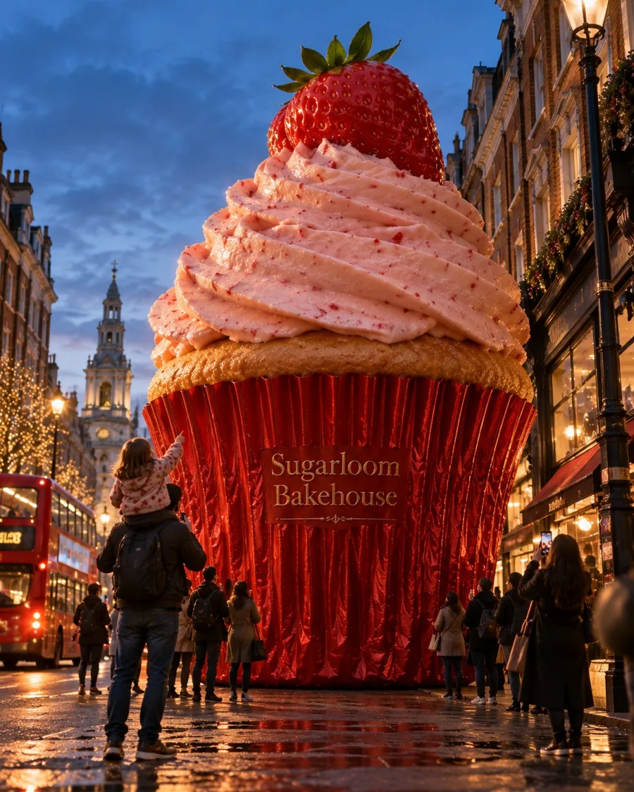 A giant strawberry cupcake towering over a London street at dusk, with a child pointing up at it